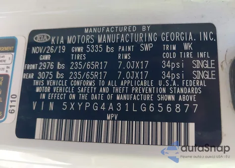 2020 Kia Sorento 2.4L L from USA, damaged, VIN 5XYPG4A31LG656877